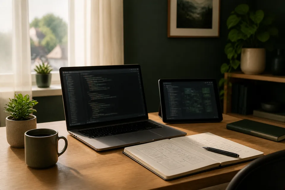 Laptop mit Code-Editor und aufgeschlagenes Notizbuch mit Skizzen auf einem Schreibtisch