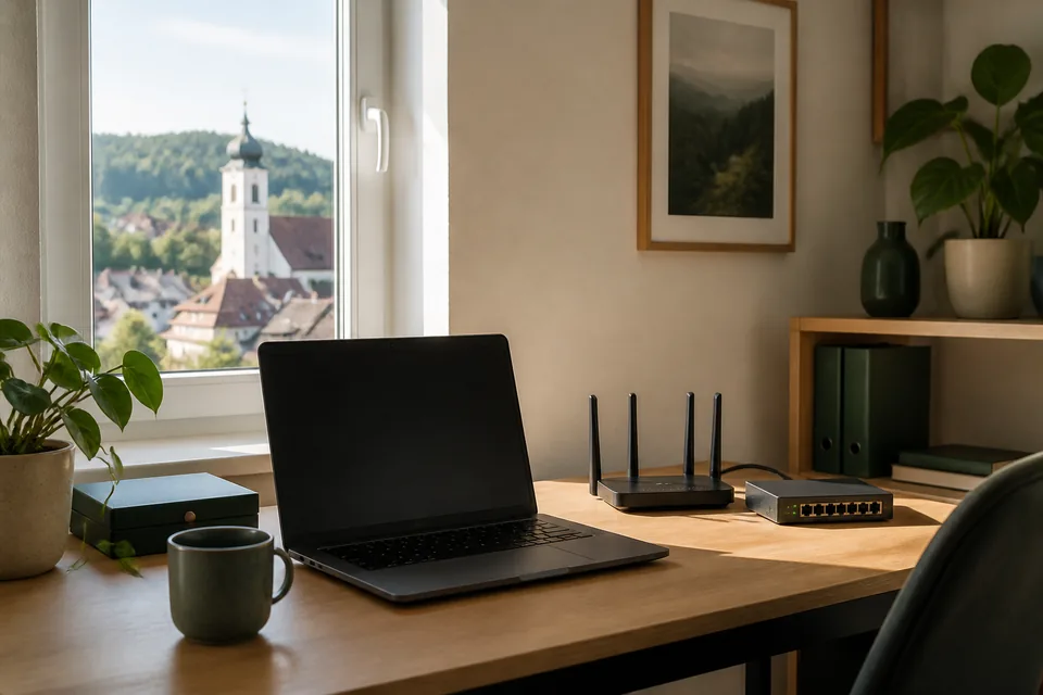 Arbeitsplatz mit Laptop, WLAN-Router und Netzwerktechnik