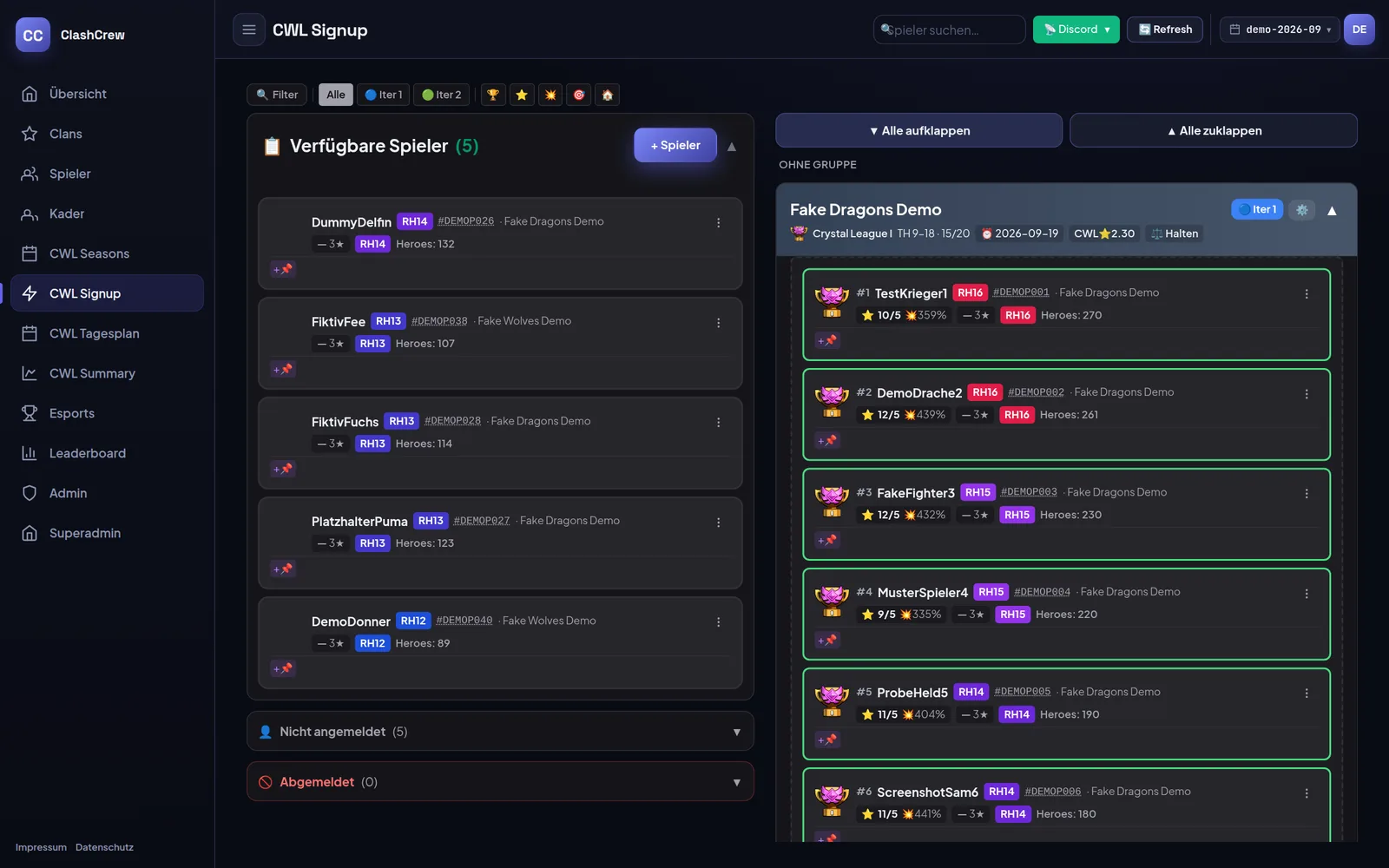 Dashboard-Ansicht CWL Signup mit angemeldeten Spielern und Lineup