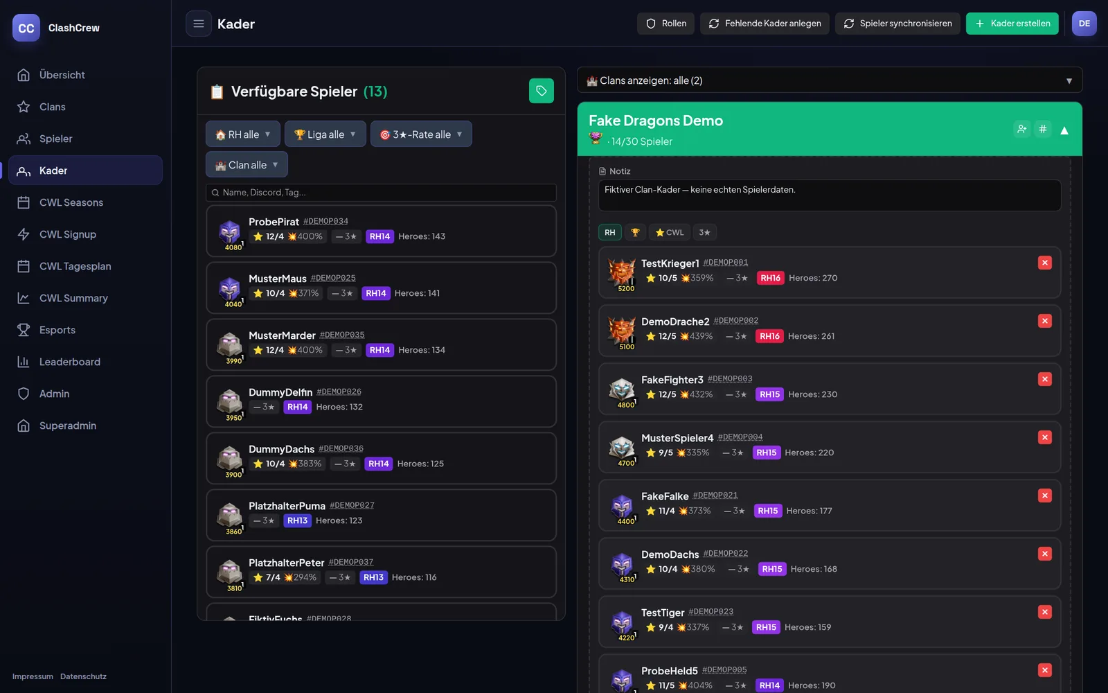 Dashboard-Ansicht Kader mit verfügbaren Spielern und aufgeklapptem Clan-Kader